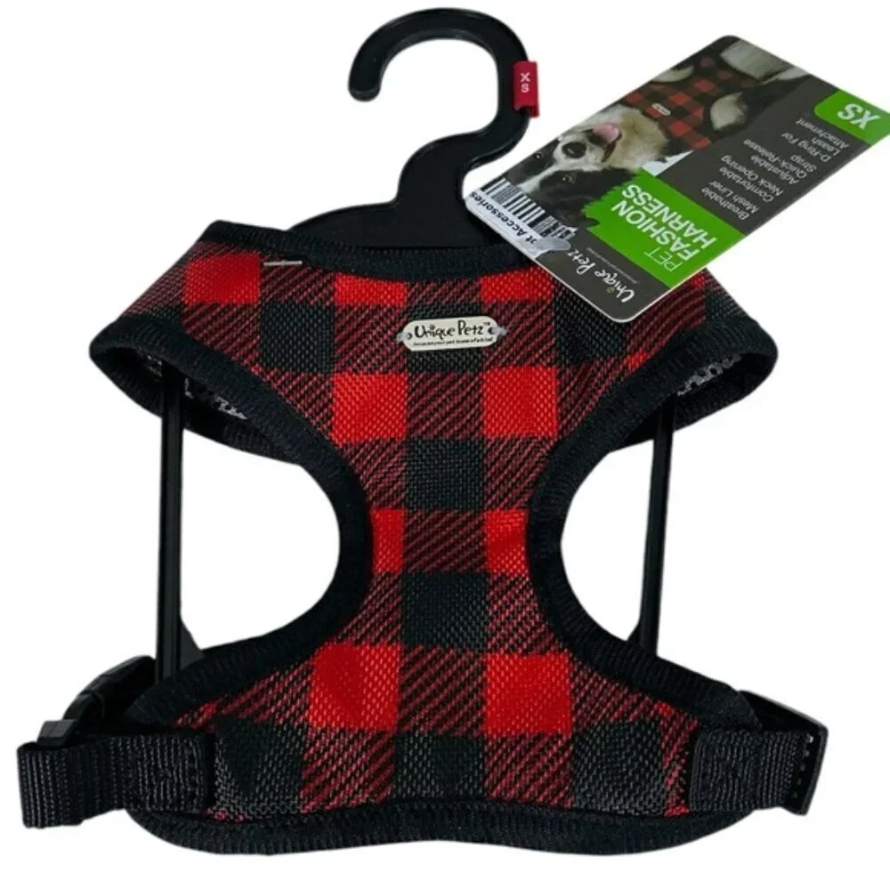 Unique Petz Dog Harness XS Adjustable Comfy Red Black Tartan Plaid Size XS